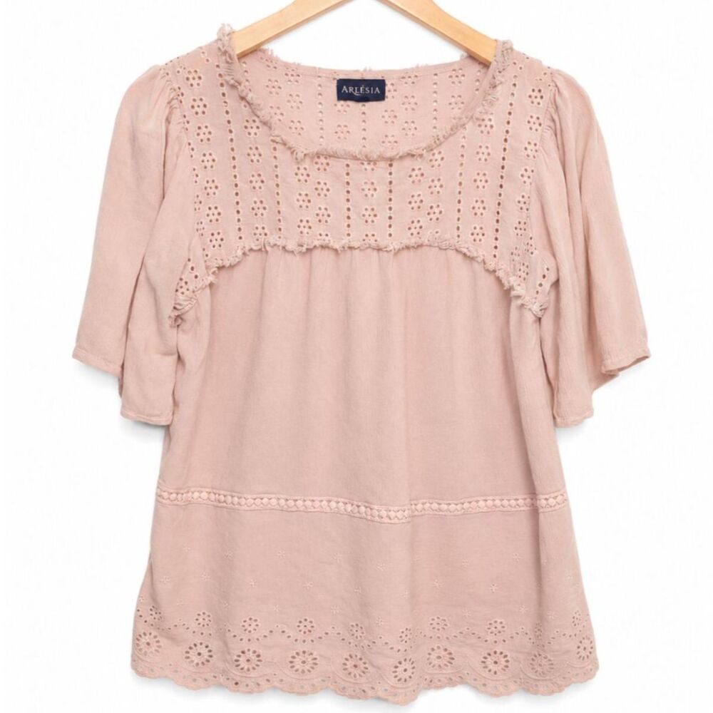 Artesia Blush Pink Embroidered Eyelet Peasant Blouse Women's M Boho Cottagecore